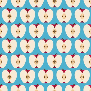 Mavi arka planda Red Apple Halves. Kusursuz Desen Tasarımı. Vektör illüstrasyonu