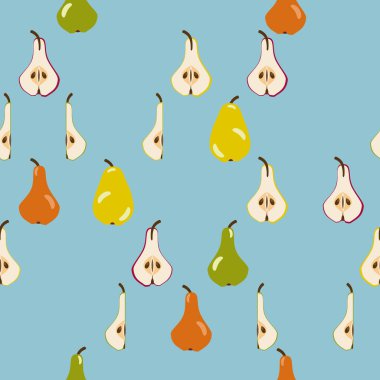 Mavi Arkaplan 'daki kümelerde turuncu, sarı ve yeşil armut yarıları. Kusursuz Desen Tasarımı. Vektör illüstrasyonu