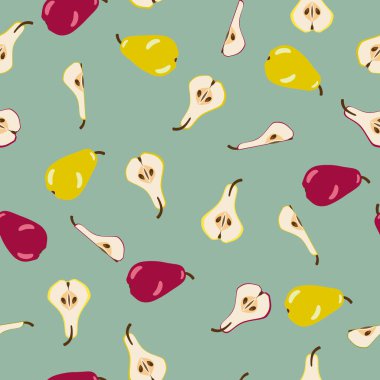 Mavi Armut 'ta Kırmızı Armut ve Armut Yarısı Fırlatıldı. Kusursuz Desen Tasarımı. Vektör illüstrasyonu