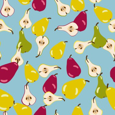 Mavi Arkaplanda Kırmızı, Sarı ve Yeşil Armutlar ve Armut Yarıları üst üste bindi. Kusursuz Desen Tasarımı. Vektör illüstrasyonu