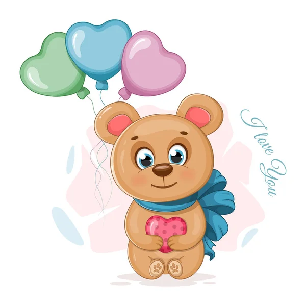 Urso Pelúcia Bonito Desenho Animado Com Coração Balões — Vetor de Stock