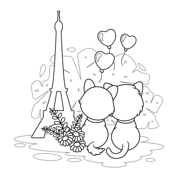 Coloriage Deux Chats Amoureux Près Tour Eiffel — Image vectorielle