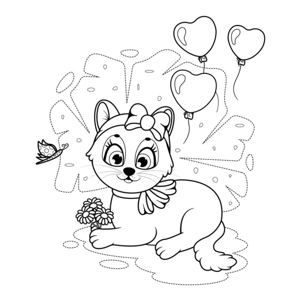 Boyama Sayfası Çiçekli Balonlu Kelebekli Şirin Bir Kedi Yavrusu — Stok Vektör