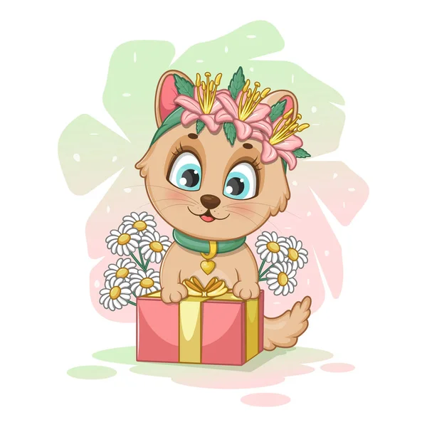 Ein Niedliches Cartoon Kätzchen Mit Einem Geschenk Und Blumen — Stockvektor