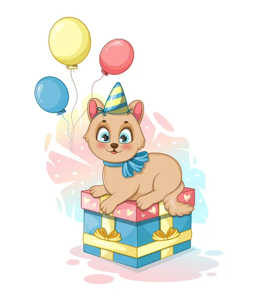 Cartão Postal Feliz Aniversário Com Gato Bonito —  Vetores de Stock