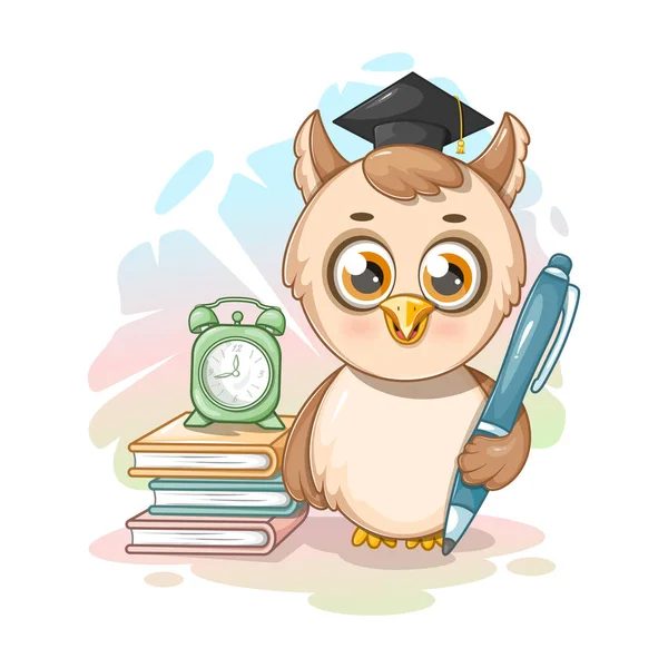 Kalemi, kitapları ve çalar saati olan sevimli bir baykuş.