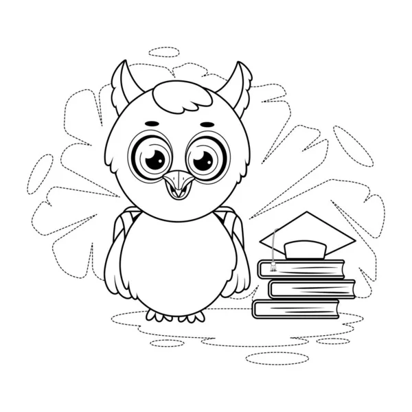 彩色页面 聪明的卡通猫头鹰 带着书本和书包 — 图库矢量图片