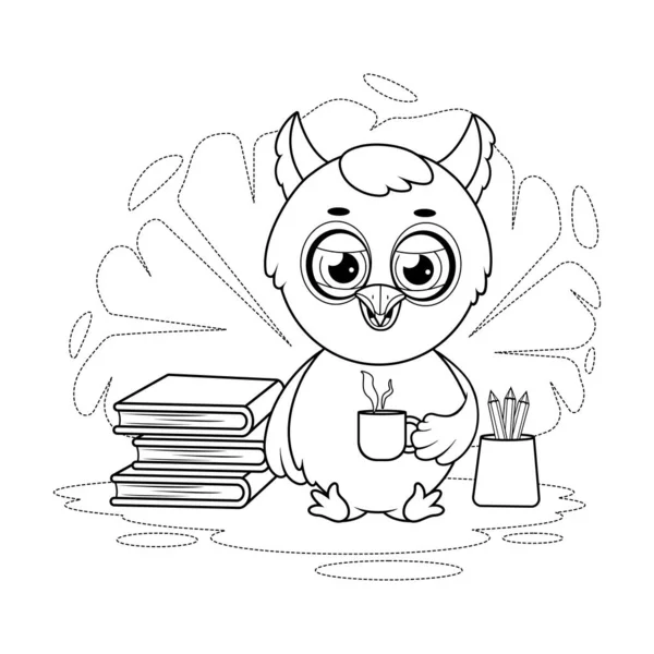 彩色页面 睡梦中的可爱猫头鹰 一杯热茶 一本书和铅笔 — 图库矢量图片