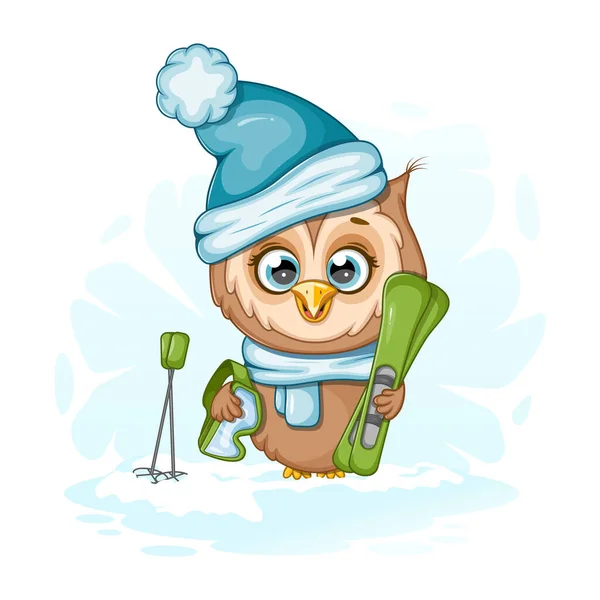 卡通可爱猫头鹰与滑雪板 — 图库矢量图片