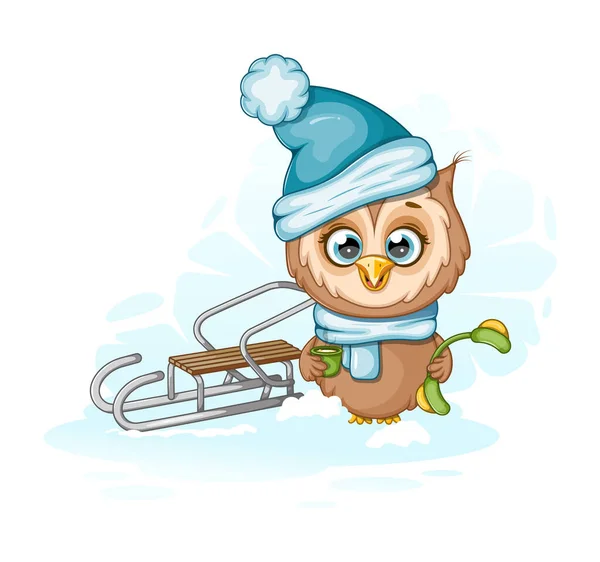 配有雪橇 冬季耳机和一杯茶的卡通猫头鹰 — 图库矢量图片