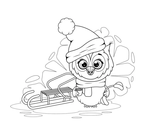 彩色页面 猫头鹰 配有雪橇 冬季耳机和一杯茶 — 图库矢量图片