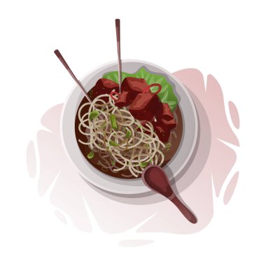 Biftek ve erişteli Asya yemeği.