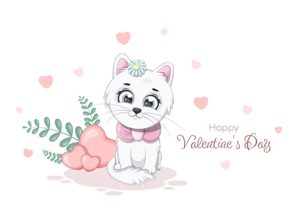 Romantic card with cartoon kitten and hearts