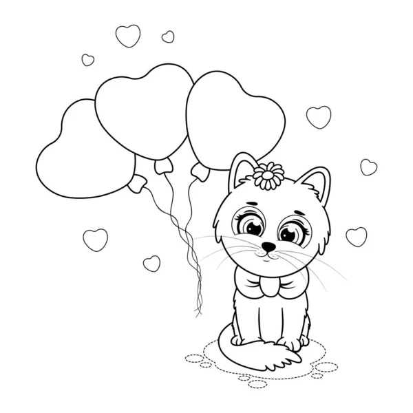 Coloring Page Cute Cartoon Kitten Balloons Hearts — 스톡 벡터