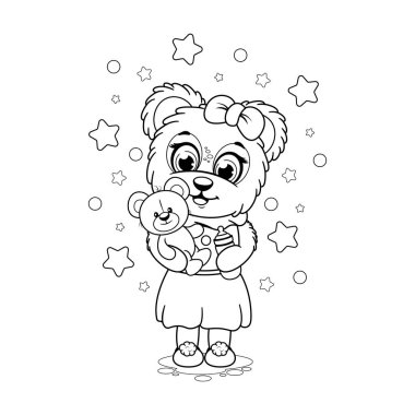 Coloring page. Cute cartoon bear with a soft toy teddy bear and baby bottle