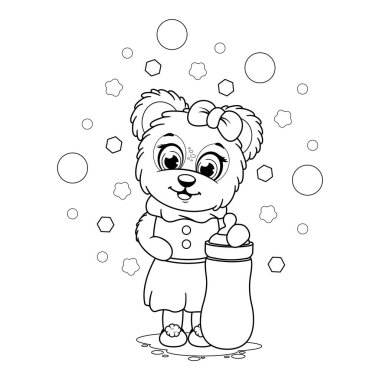 Coloring page. Cute cartoon teddy bear with baby bottle
