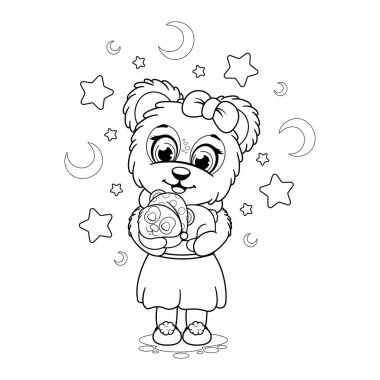 Coloring page. Cute cartoon teddy bear with a soft toy panda