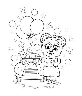 Coloring page. Teddy bear with baby bottle, toy, ball, car and balloons
