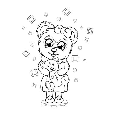 Coloring page. Little cartoon bear with a soft toy teddy bear