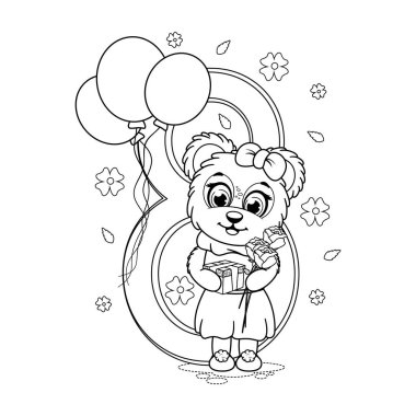 Coloring page. A cute cartoon bear with flowers, gift, balloons and number 8
