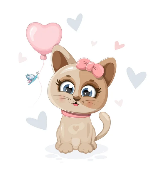 Balonlu ve kelebekli şirin bir kedi yavrusu.