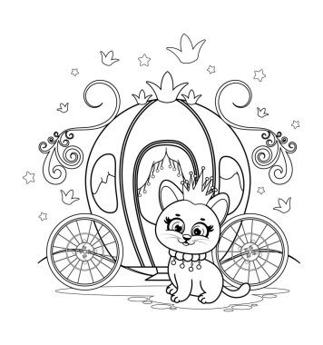 Coloring page. A kitten princess with crown near carriage clipart