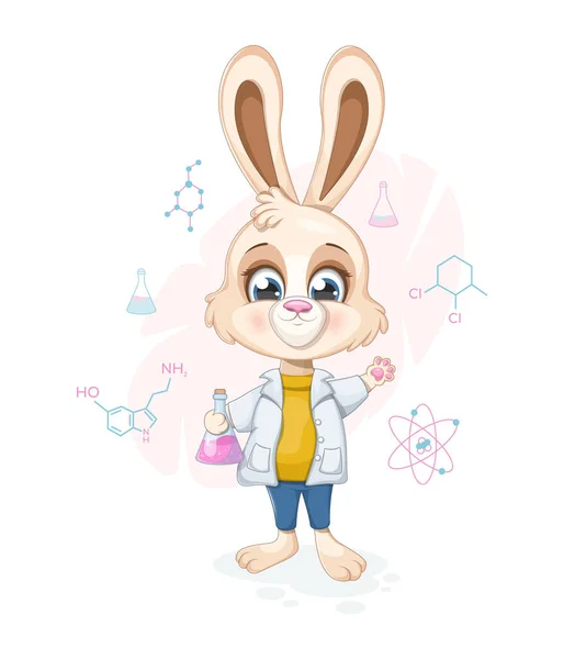 Smart bunny scientist with flasks and chemical formulas
