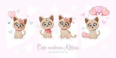 Cute cartoon kitten collection with hearts and balloons