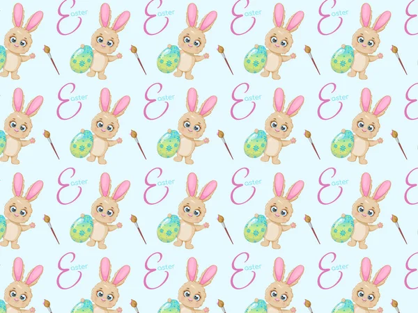 Seamless pattern with Easter bunny, egg and paint brush