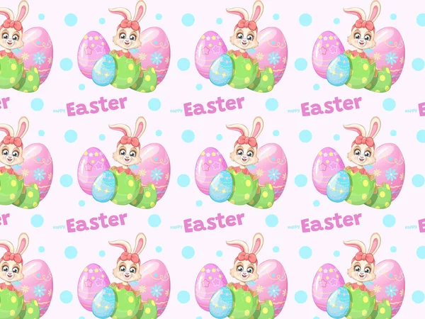 Seamless pattern with a cartoon bunny, an Easter egg and a paint brush