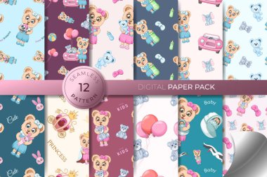 12 resimli düzenlenebilir dikişsiz desen. Küçük ayı.