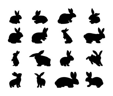 Tavşan silueti simgesi seti, siyah renk, izole arkaplan