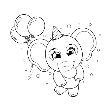 Boyama sayfası. Balonlu şirin bir fil.
