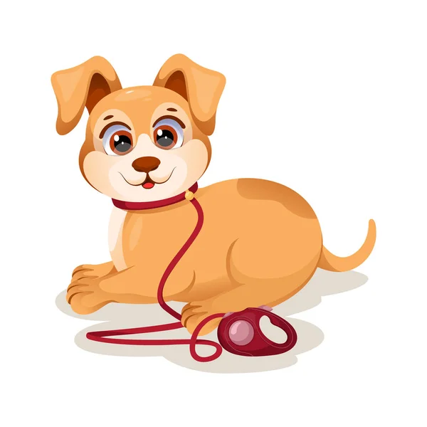 Cute Cartoon Dog Red Leash — Stock Vector