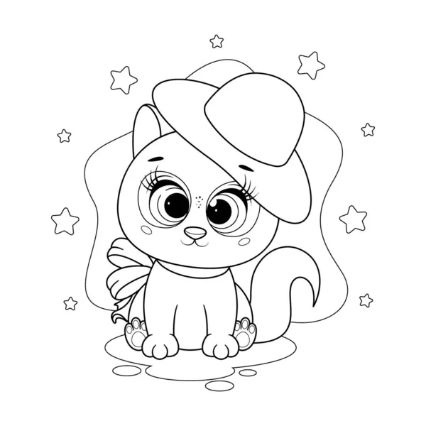 Boyama sayfası. Büyük şapkalı, fiyonklu şirin kedicik.