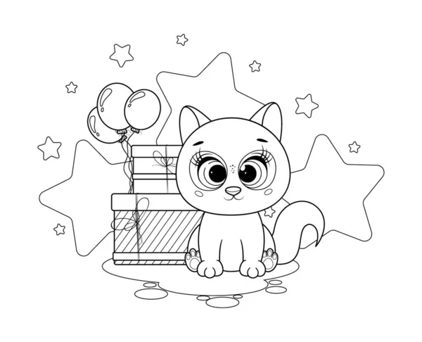 Boyama sayfası. Çizgi filmdeki neşeli kedi yavrusu hediyeler ve balonlarla