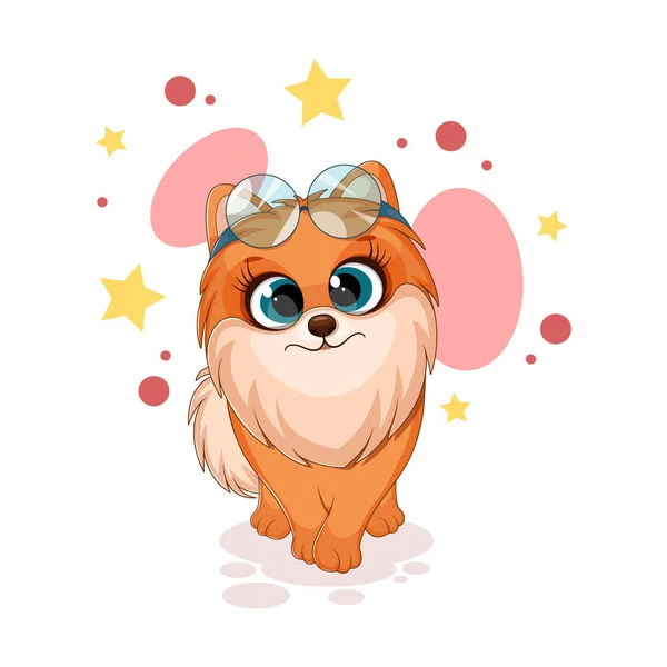 Cão Engraçado Dos Desenhos Animados Spitz Pomeranian Com Glasess Cartão — Vetor de Stock