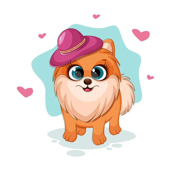 Cão Elegante Bonito Spitz Pomeraniano Com Chapéu Cartão Moda — Vetor de Stock