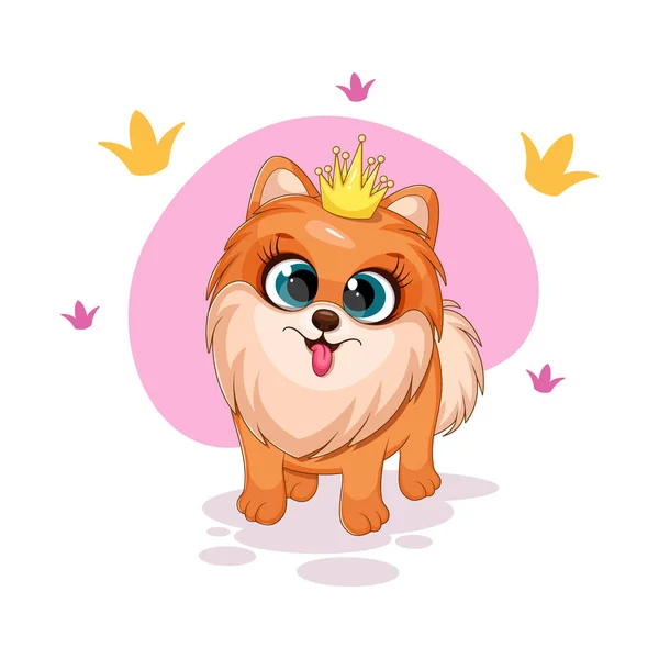 Desenhos Animados Cachorro Engraçado Princesinha Spitz Pomerano Com Coroa — Vetor de Stock