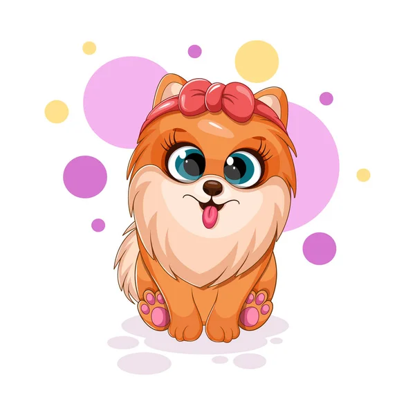 Cão Bonito Dos Desenhos Animados Spitz Pomeranian Com Arco Cartão — Vetor de Stock