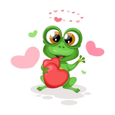 Kırmızı kalplere aşık şirin kurbağa.