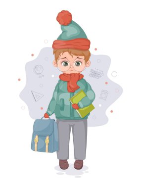 Okul çantası ve kitabı olan bir çocuk.