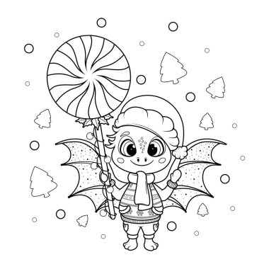 Boyama sayfası. Noel Karikatürü Ejderhası Noel Şekeriyle