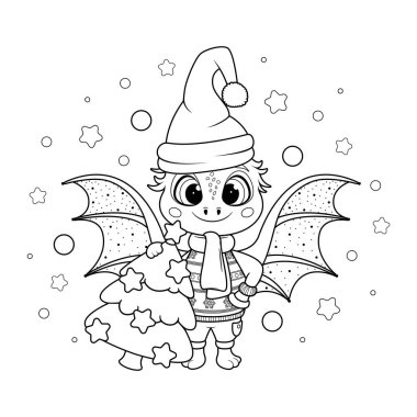 Coloring page. Christmas Cartoon Dragon with Decorated Christmas Tree clipart