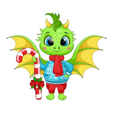 Striped Christmas Candy Cane and Festive Green Cartoon Dragon clipart