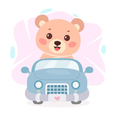 Arabadaki Şirin Ayı Yavrusu - Çocuk Vektör İllüzyonu