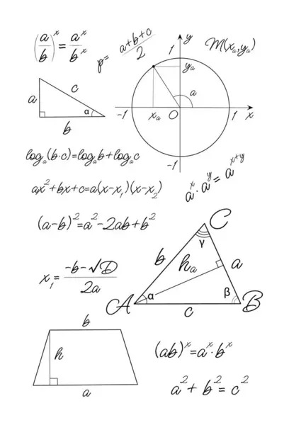 Grafik kağıdındaki matematiksel formüller ve geometrik şekiller. El yazısıyla Vektör İllüstrasyonu