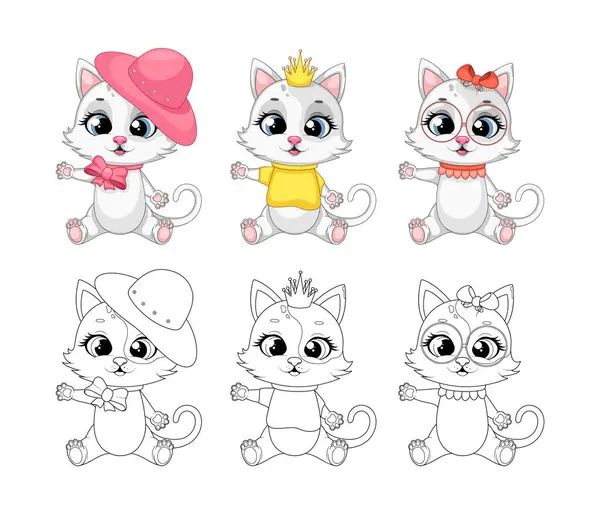 Şirin Giyimli Kedicikler. Renkli ve Renkli Sayfa. Vektör İllüstrasyonu