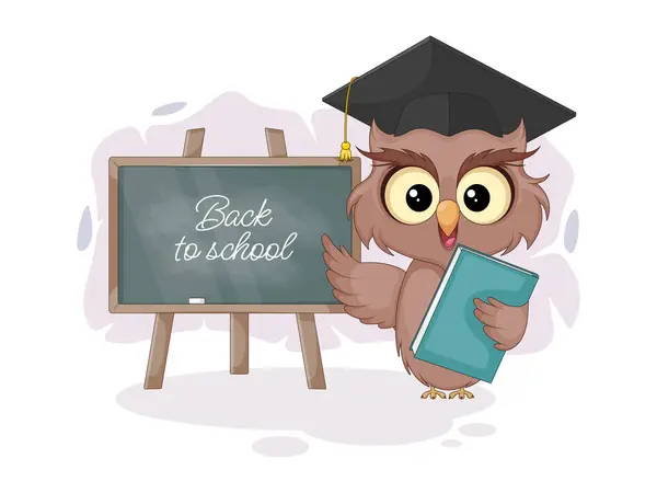 Kara Tahta 'daki Akıllı Çizgi Roman Baykuşu. Okula Dönüş için Renkli Vektör İllüstrasyonu