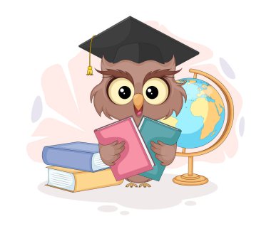 Kitap ve Küre ile Akıllı Çizgi Roman Baykuşu. Renkli Okul Vektörüne Dönüş